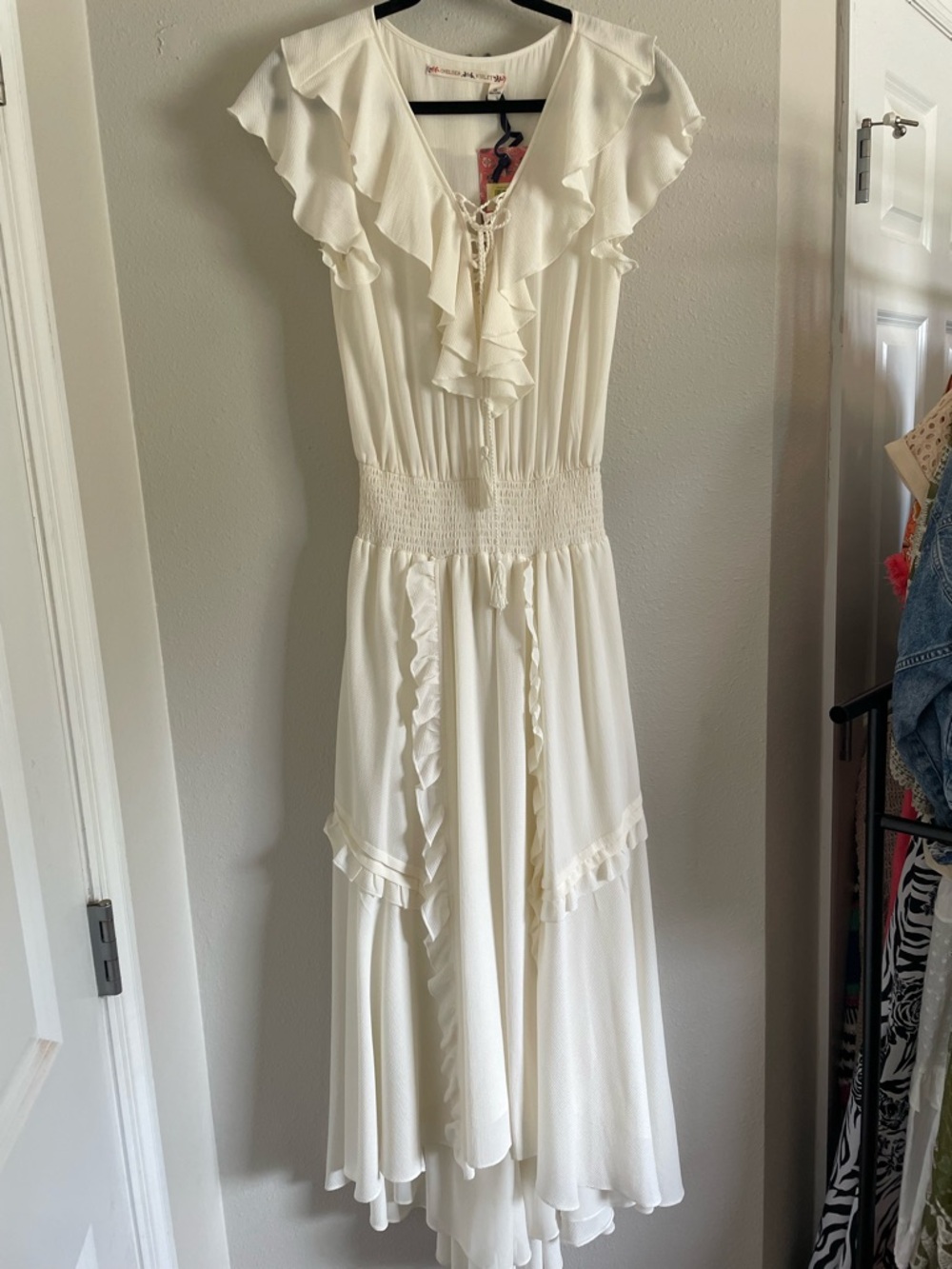 Chelsea & Violet White Ruffle Maxi Dress Boho Cottagecore Smocked Size Small